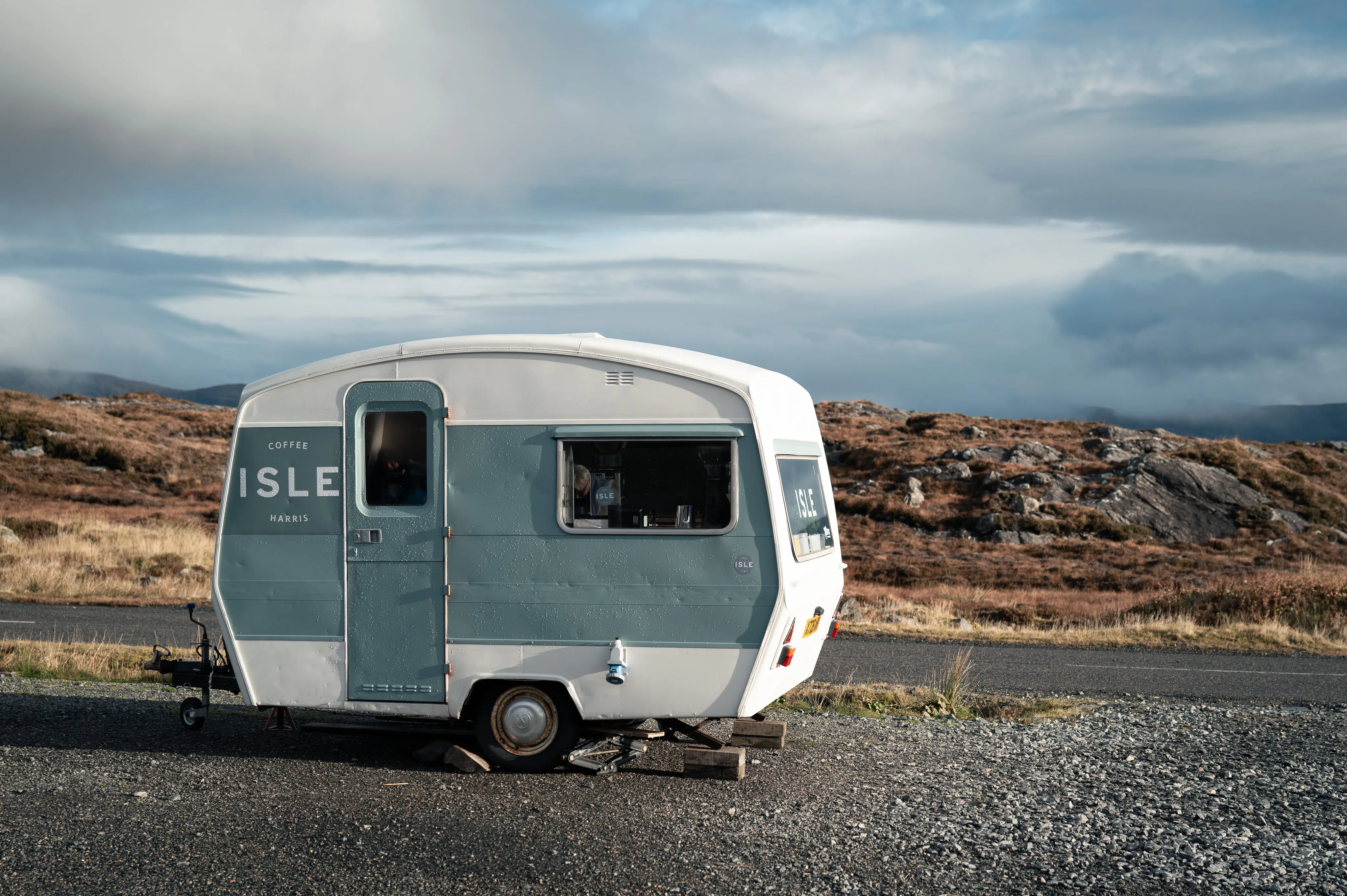 A coffee caravan on the moorland road between Tarbert and Luskentyre on the Isle of Harris.