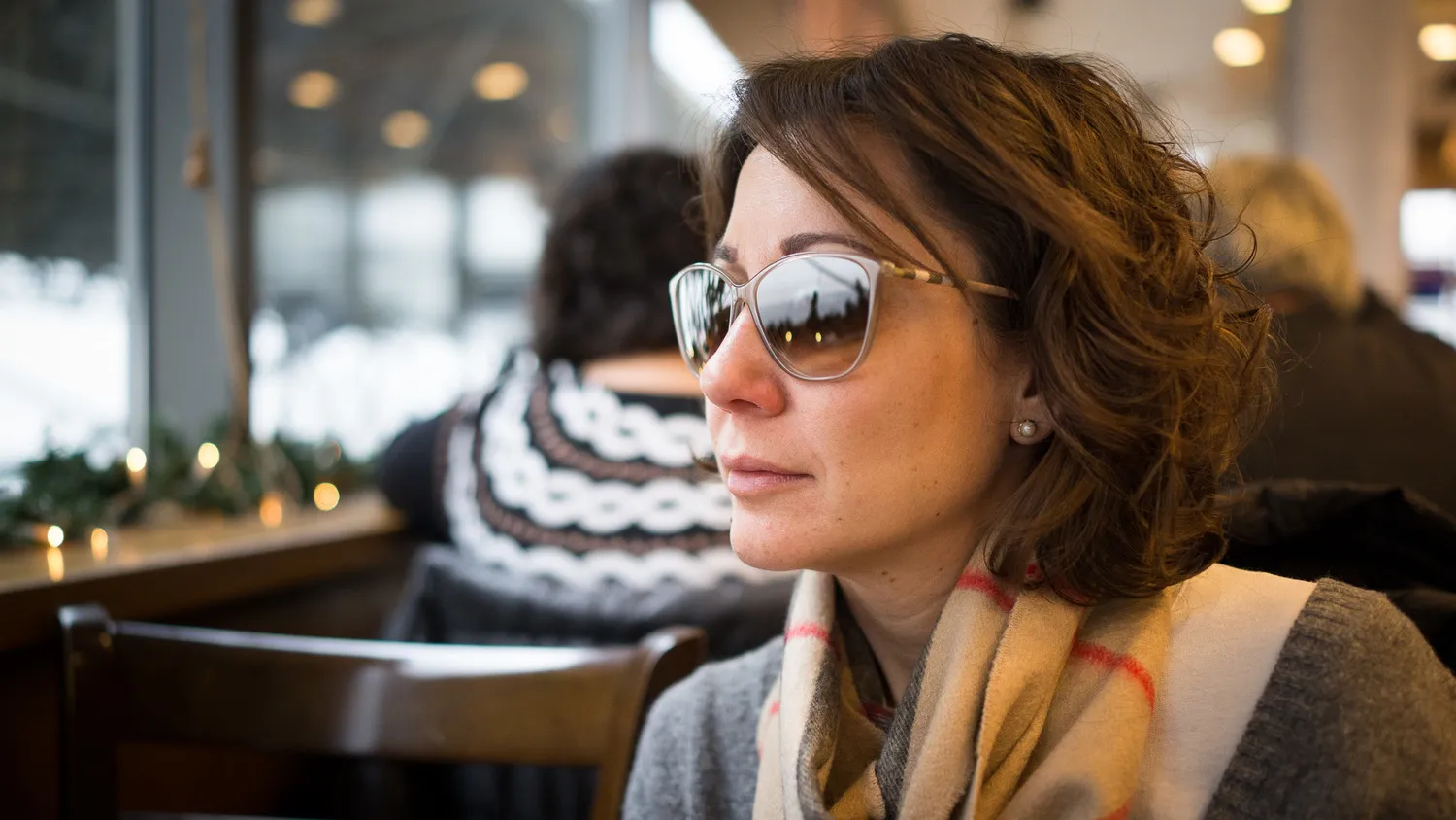 Katerina in a café at the airport in Thessaloniki, Greece