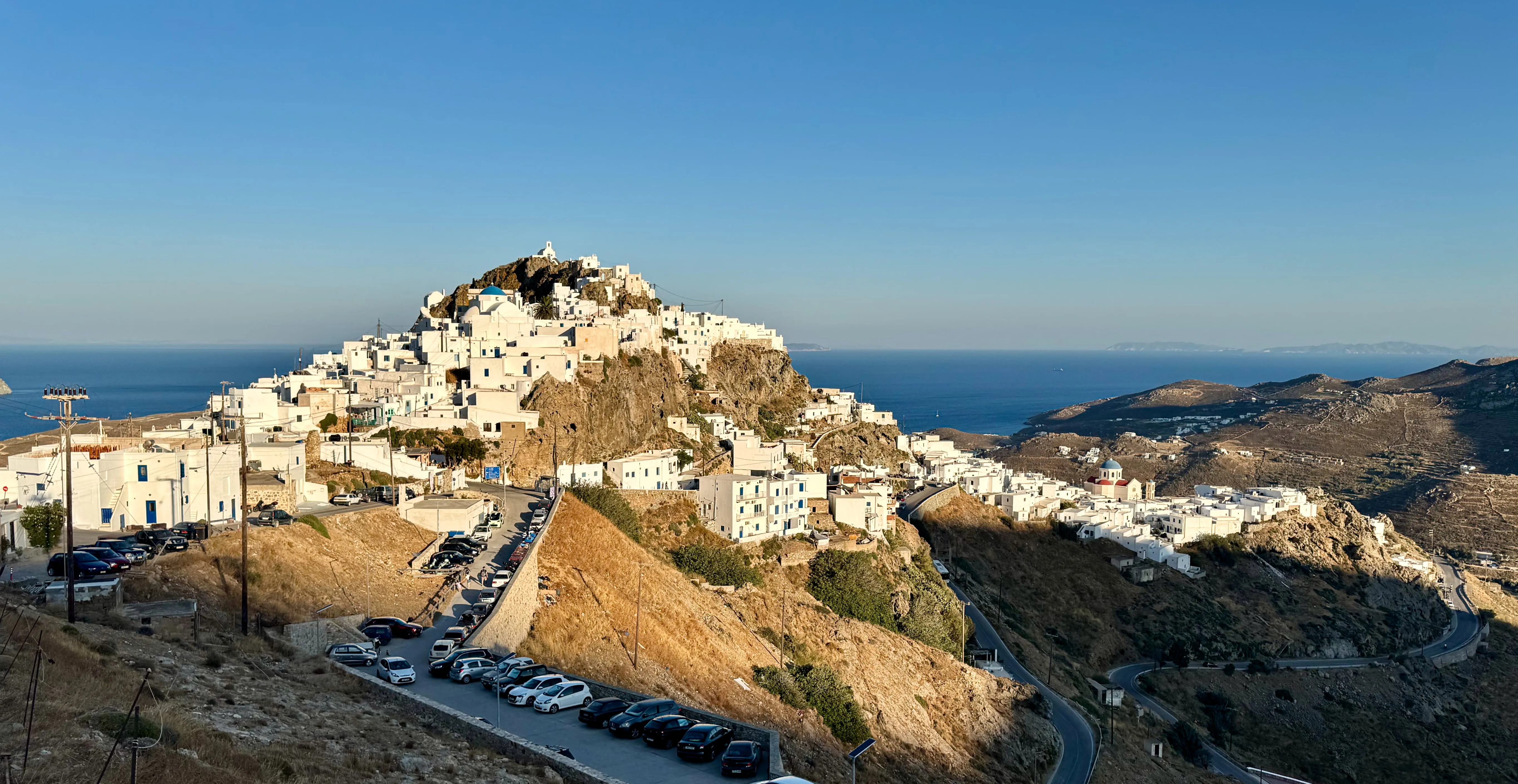The Chora of Serifos rising above the hills in warm evening light.